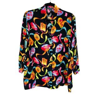 What If? Womens L Chinese Lantern Print 100% Silk Button Front Top Multicolor